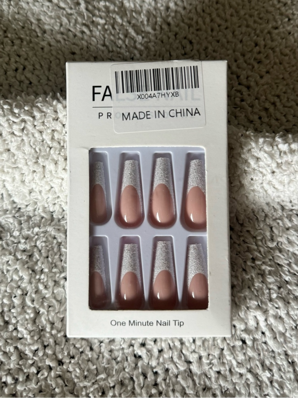 Amazon Women False Nails Nude with White Glitter Tips